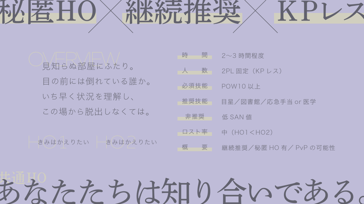 _a_lpha's tweet image. 🔖| #ポットラックパーティー企画2025_既存
Call of Cthulhu
「 壊死の手触り 」
wtm-mdms.booth.pm/items/5336877
性癖 - 既知関係 × 脱出 × 秘匿HOKPレス
:2PLKPレス
:2~3時間程度
:継続推奨/PvP有/秘匿HO有
:中ロスト
見知らぬ部屋で目覚め、脱出を目指す2PLKPレス…