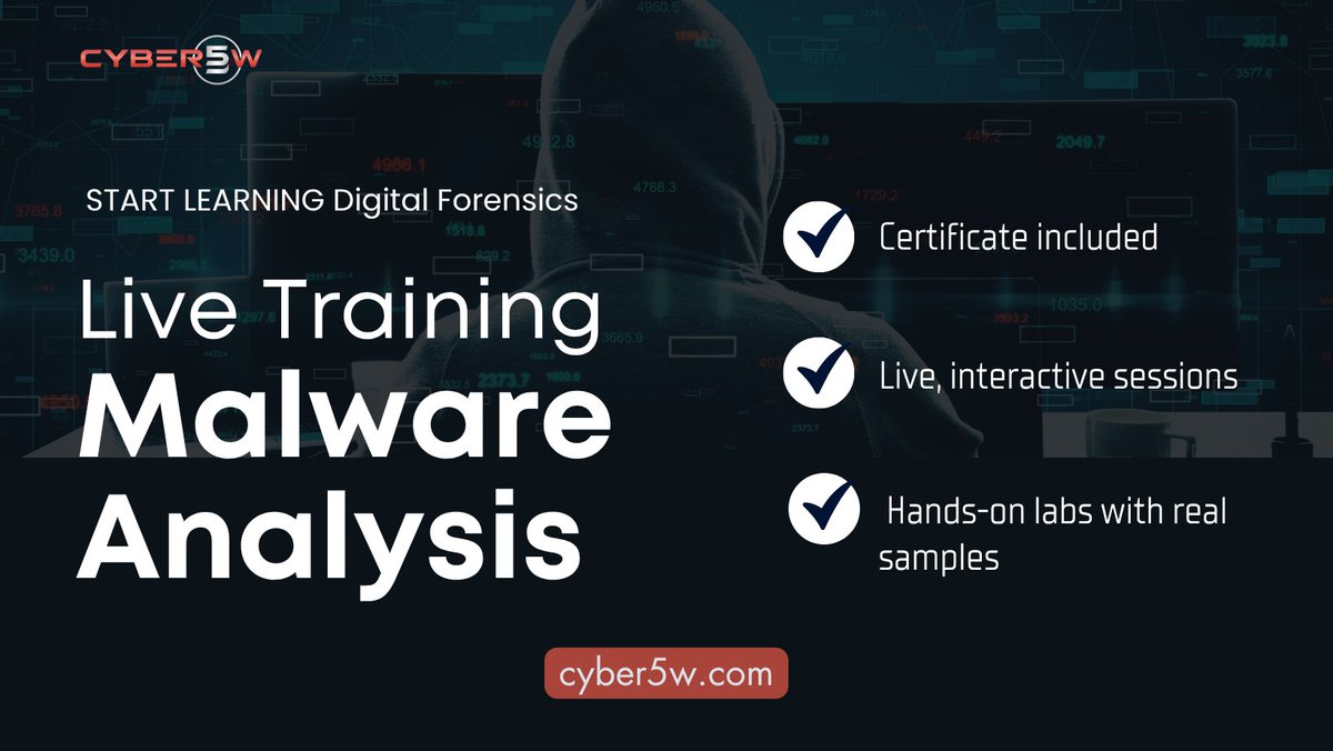 cyber5w's tweet image. π Master Malware Analysis with Cyber5W!
Learn static & dynamic analysis, reverse engineering, IOC extraction & more β all hands-on & browser-based.
π Cert included.
Start now π academy.cyber5w.com/courses/C5W-Maβ¦
#MalwareAnalysis #DFIR #CyberSecurity #Cyber5W