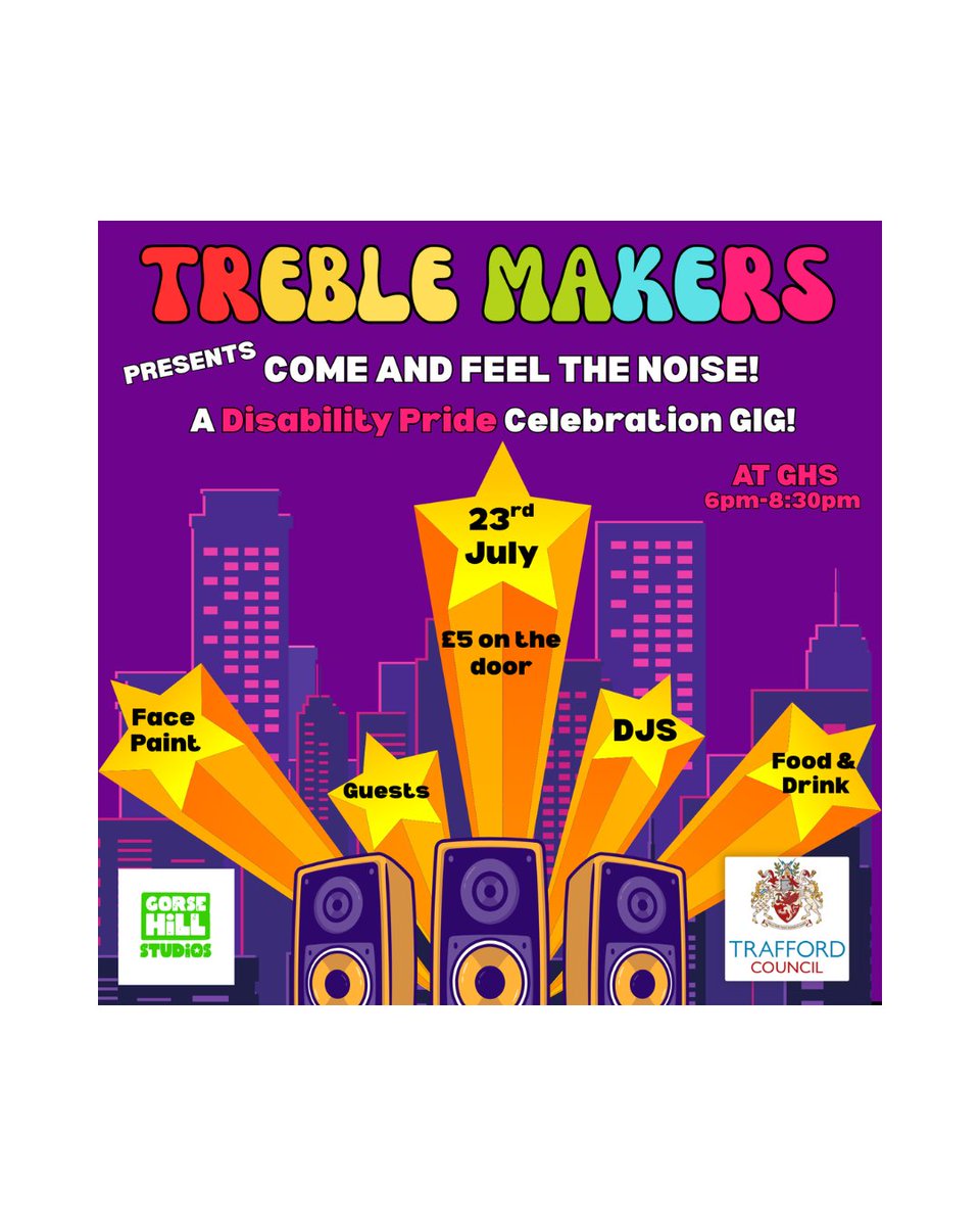 TraffordFIS's tweet image. 🌟 Join Gorse Hill Studios for "Come and Feel the Noise" – a vibrant Disability Pride Celebration! 🎉✨ Experience, face painting, special guests, DJs spinning tunes, and delicious food & drink. Let's celebrate diversity in style! Don't miss out on this incredible event! 🎶🤩