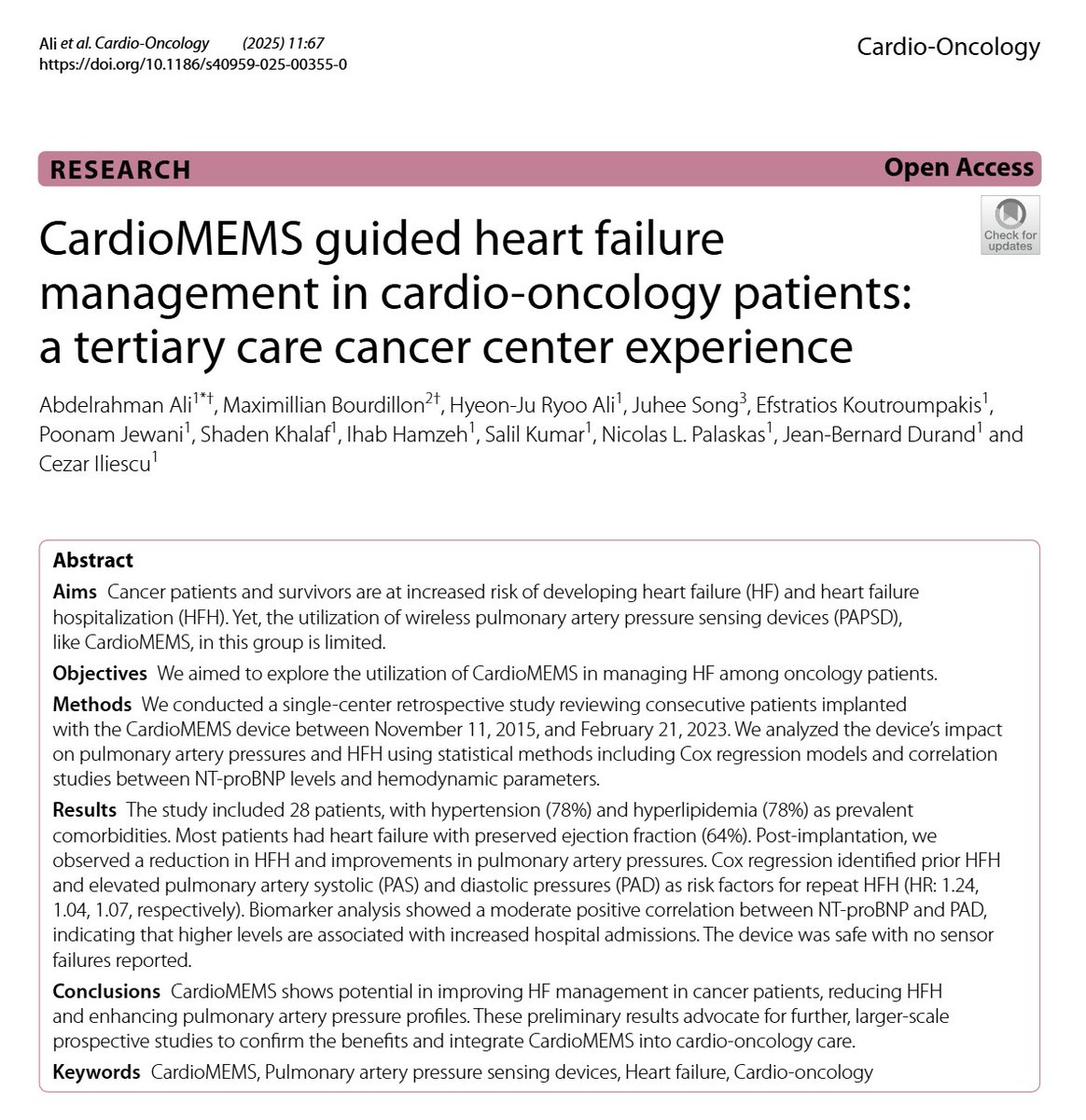 Abdelrahman Ali (@abdelcards) on Twitter photo 1/6📢 Excited to share our new publication in <a href="/BioMedCentral/">BMC</a> (BMC Cardio-Oncology):
We explored #CardioMEMS 📡 for heart failure management in cancer patients—a group often overlooked in trials. Grateful to <a href="/cezar_ciliescu/">Cezar Iliescu</a> for his mentorship.📖 rdcu.be/ewUQd
#CardioOnc 1/6📢 Excited to share our new publication in <a href="/BioMedCentral/">BMC</a> (BMC Cardio-Oncology):
We explored #CardioMEMS 📡 for heart failure management in cancer patients—a group often overlooked in trials. Grateful to <a href="/cezar_ciliescu/">Cezar Iliescu</a> for his mentorship.📖 rdcu.be/ewUQd
#CardioOnc