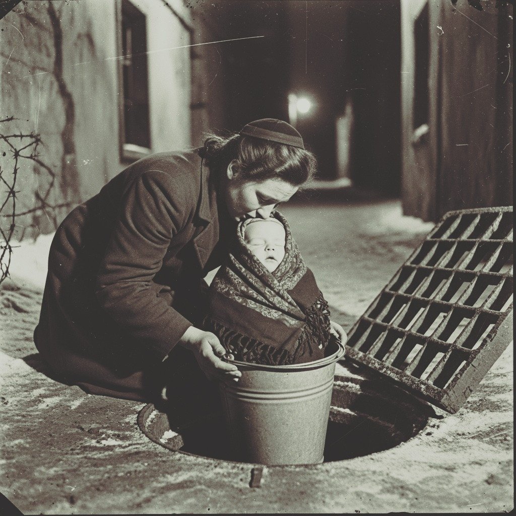 The Baby in the Bucket – Lviv Ghetto, Ukraine, 1943
(She Lowered Him into the Sewer, Then Disappeared)

In the Lviv Ghetto, a young Jewish mother made contact with sewer workers helping children escape. On the night of her son's escape, she wrapped him in a shawl, placed him in a