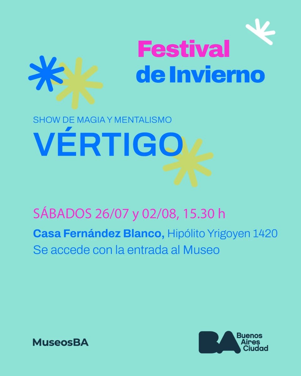 Museo Isaac Fernández Blanco (@museofernandezb) on Twitter photo En el Festival de Invierno de los <a href="/museosba/">Museos de Buenos Aires</a>, presentamos "Vértigo", show de ilusionismo, mentalismo y comedia a cargo de Germán Dabat
Sábado 26 de julio y sábado 2 de agosto 15.30 hs
sede Casa Fernández Blanco.
Hipólito Yrigoyen 1430. Barrio Monserrat
🔗buenosaires.gob.ar/noticias/verti… En el Festival de Invierno de los <a href="/museosba/">Museos de Buenos Aires</a>, presentamos "Vértigo", show de ilusionismo, mentalismo y comedia a cargo de Germán Dabat
Sábado 26 de julio y sábado 2 de agosto 15.30 hs
sede Casa Fernández Blanco.
Hipólito Yrigoyen 1430. Barrio Monserrat
🔗buenosaires.gob.ar/noticias/verti…