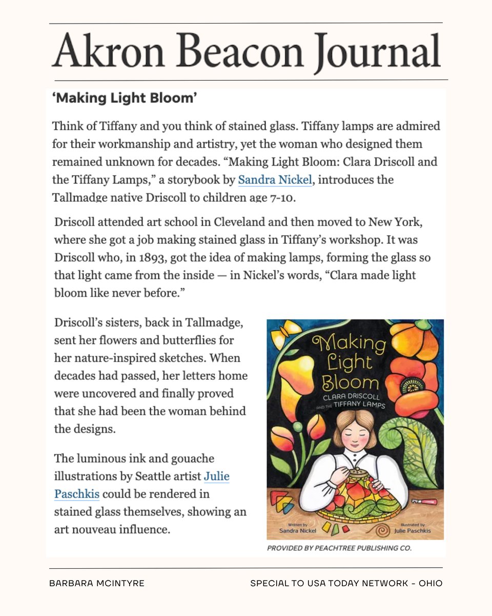 Sandra Nickel ๐ (@senickel) on Twitter photo A big thanks to <a href="/AkronBeacon/">Akron Beacon Journal</a> & Barbara McIntyre for featuring Making Light Bloom in their Book Column! "The luminous ink and gouache illustrations by Seattle artist Julie Paschkis could be rendered in stained glass themselves." #Ohio #tiffanylamps #childrensbooks #kidlit A big thanks to <a href="/AkronBeacon/">Akron Beacon Journal</a> & Barbara McIntyre for featuring Making Light Bloom in their Book Column! "The luminous ink and gouache illustrations by Seattle artist Julie Paschkis could be rendered in stained glass themselves." #Ohio #tiffanylamps #childrensbooks #kidlit
