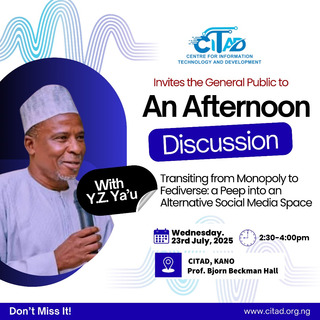 a_sabo12's tweet image. Join @ICTAdvocates&apos; Executive Director, @YZYau on Wednesday as he takes us through the transiting from Monopoly to Fediverse: A Peep Into An Alternative Social Media Space @CitadRadio @iam_otarion @ParadigmHQ @Aliyussufiy @ChiromaHope @NITDANigeria @NgComCommission