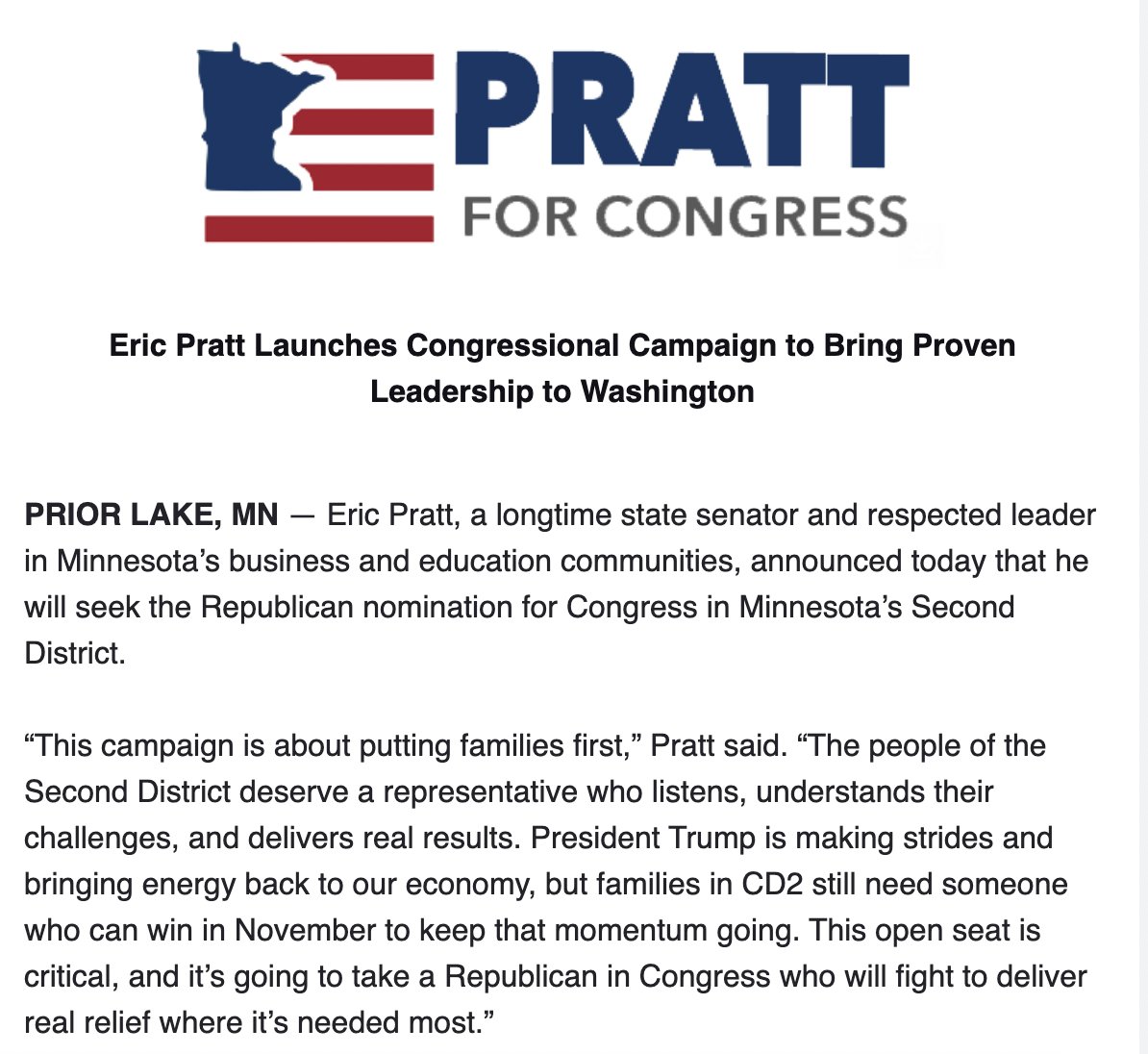 toreyvanoot's tweet image. GOP state Sen. Eric Pratt jumps in #MN02 this morning. Open seat expected to be MN's most competitive congressional race next year.