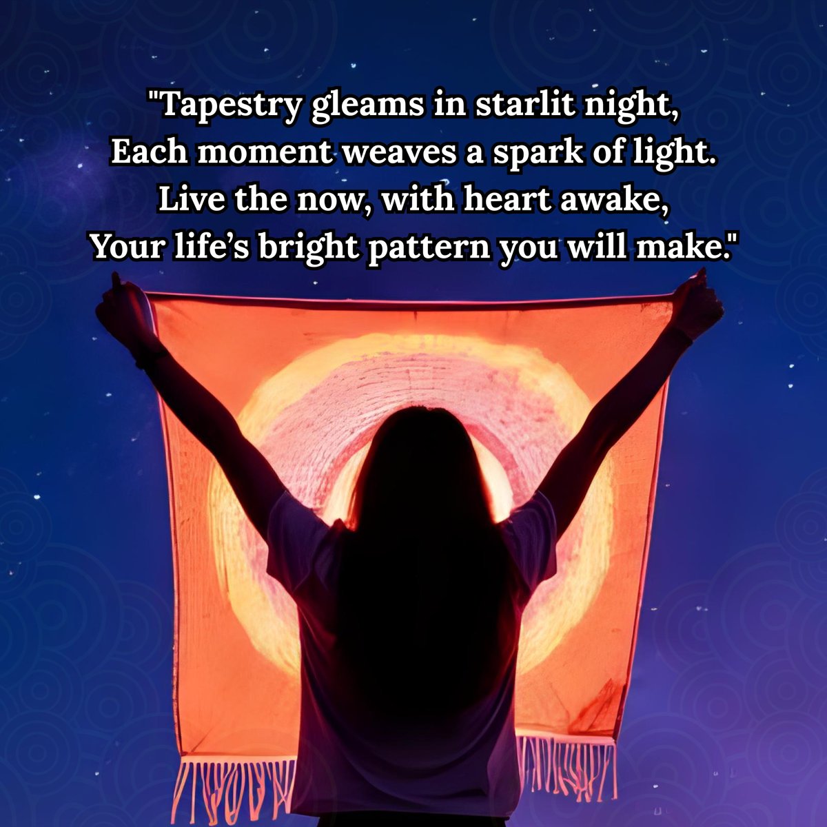 PemaZeje's tweet image. Living the Tapestry Daily
Your tapestry grows with each mindful moment. The sky's awareness, river's flow, horizon's lessons, and web's connections weave into the present. Pause daily to breathe, observe, and act mindfully. Tonight, set an intention for one mindful moment…