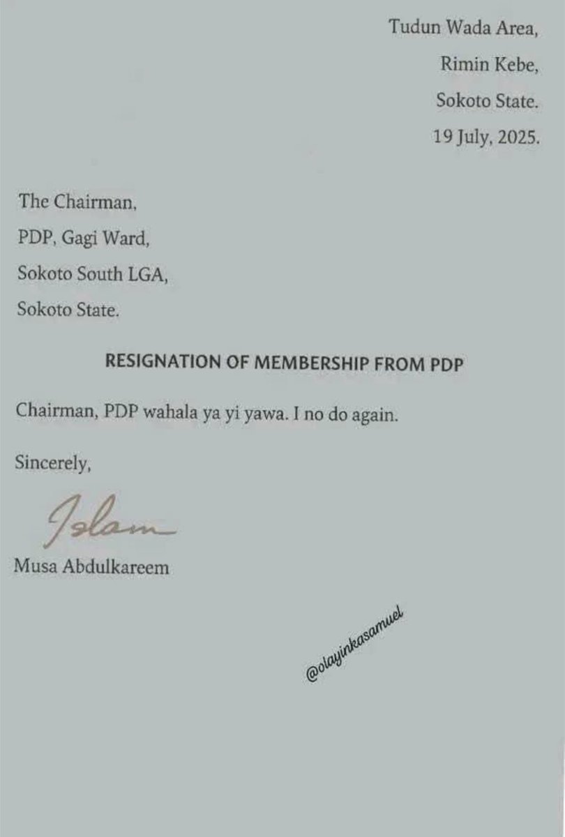 bellosaleh's tweet image. If one is to resign from anything, one has found the best template for a resignation letter:
Simple.
Honest.
Straightforward.
“PDP wahala too much. I no do again.”
