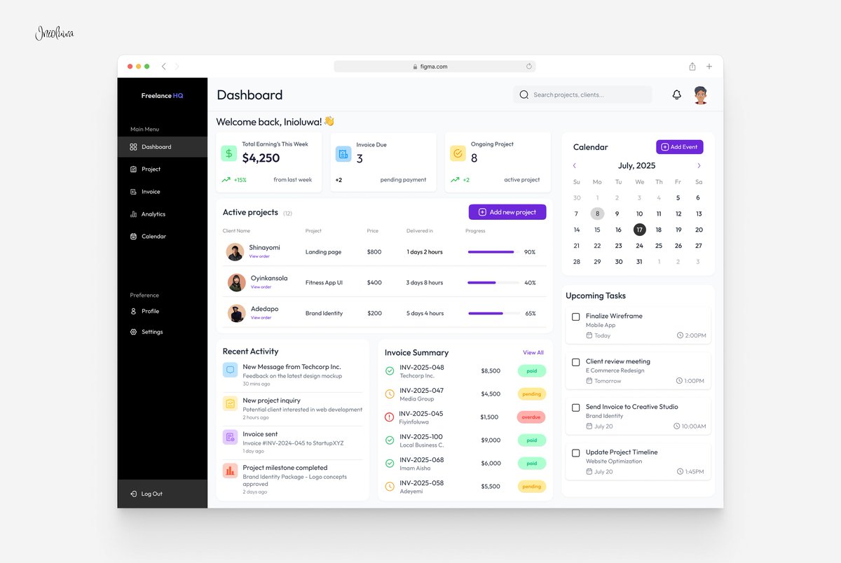 DesignedByIni's tweet image. It’s been a while since I posted, but I’ve been making steady progress silently 👨🏽💻
This is my late entry into the Day 2 UI Challenge by @AxiaAfrica 😅
Designed a dashboard for FreelanceHQ — a tool for freelancers to manage projects, invoices, and productivity.
@365consistency1