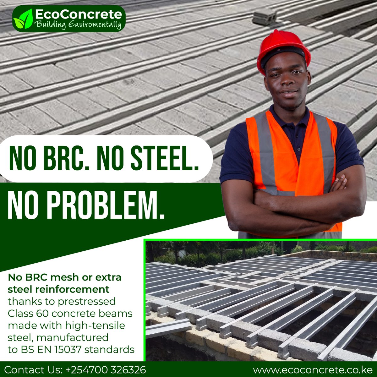 With EcoConcrete’s Ready Floor system, no BRC mesh or steel reinforcement is required. The precast concrete beams are pre-stressed for enhanced structural performance and reinforced with high tensile steel, enabling them to support substantial loads without the need for