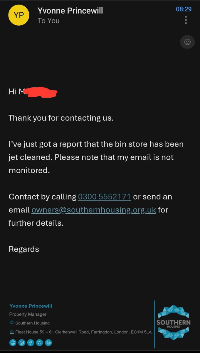 Outrageous! Our <a href="/SouthernHsg_UK/">Southern Housing</a> Property Manager (London Lane, #Hackney) literally putting it in writing that she can’t be bothered checking her email?! <a href="/SHGcustomers/">SHG (customer services)</a> what are we paying for? <a href="/alan_shg/">Alan Townshend</a> <a href="/PaulHackett10/">Paul Hackett CBE</a> <a href="/HousingOmbuds/">Housing Ombudsman</a> <a href="/hackneygazette/">Hackney Gazette</a> <a href="/hackneycouncil/">Hackney Council</a> <a href="/CitizensAdvice/">CitizensAdvice</a>