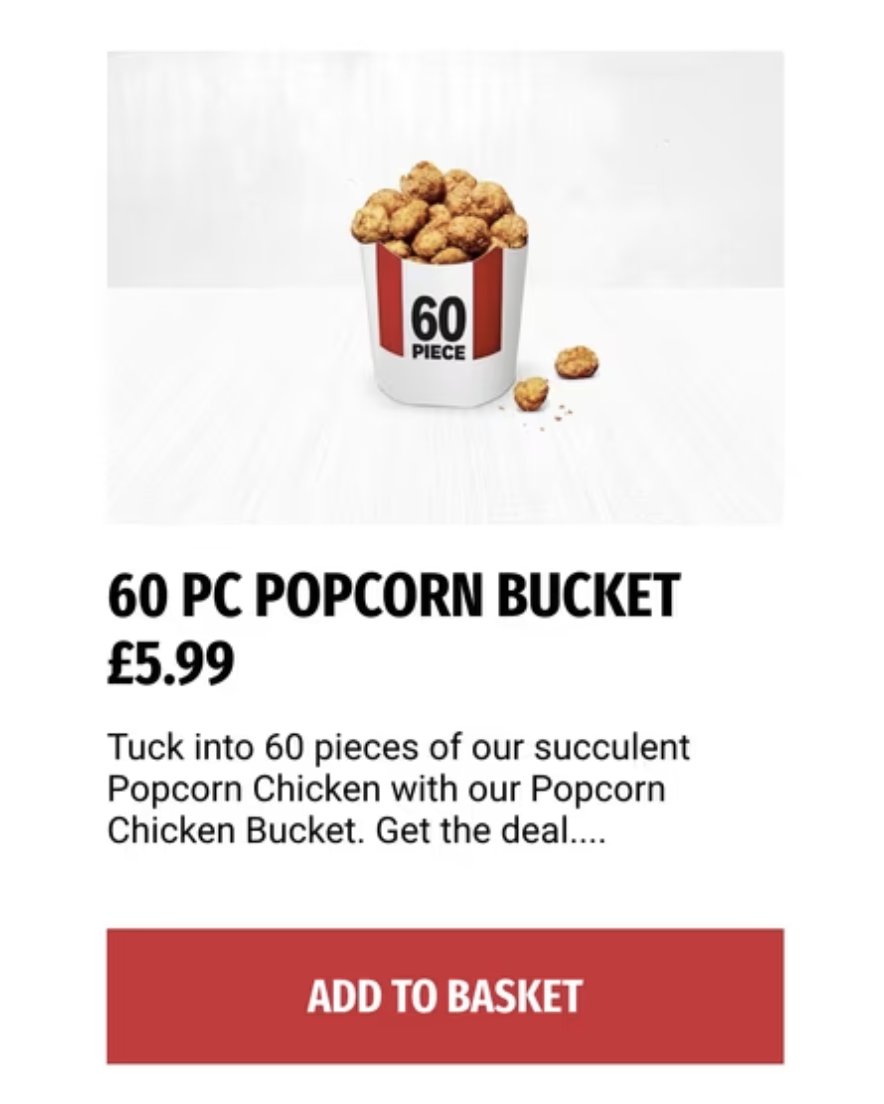 catchagem_'s tweet image. KFC are now offering 60 pieces of Popcorn Chicken for just Β£5.99! (Look under the sharing bucket section) π
