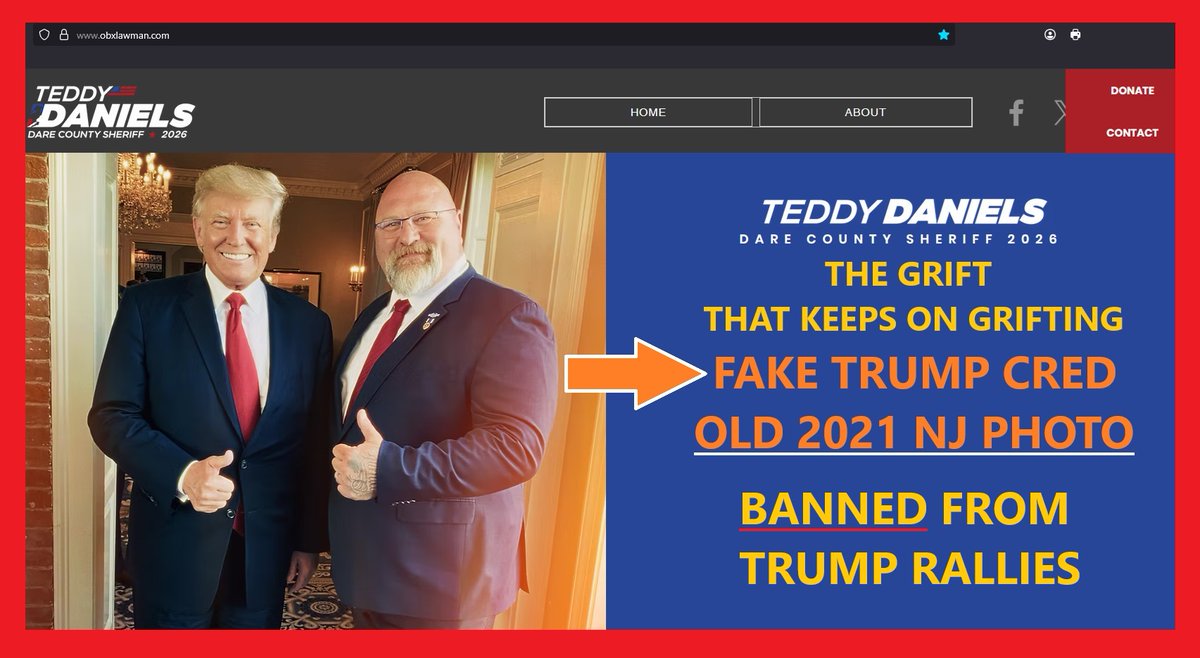 TEDDY DANIELS for Dare County Sheriff 2026
is now officially a PHONY 
"Endorsed by President TRUMP" fraud.
Lying and falsely claiming a Donald Trump endorsement
is about the WORST STUNT any right wing "MAGA",
"America First", or "Patriot" could attempt.
- Daniels has been CAUGHT.