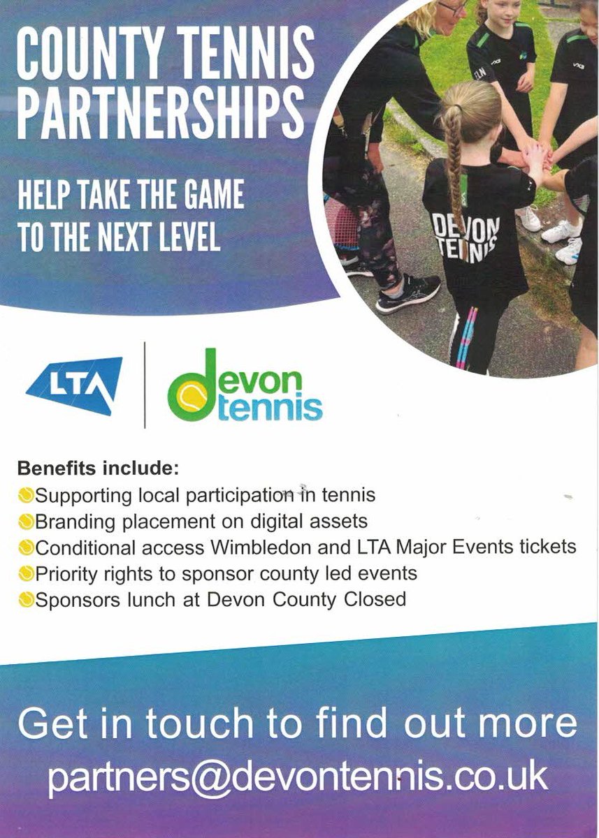 As a sponsorship partner you will be able to make an difference to the Devon Tennis #Community.  #advertising and #sponsorship opportunities across our #events. Our County Closed Events coming up, now would be a great time 

email partners@devontennis.co.uk to learn more
