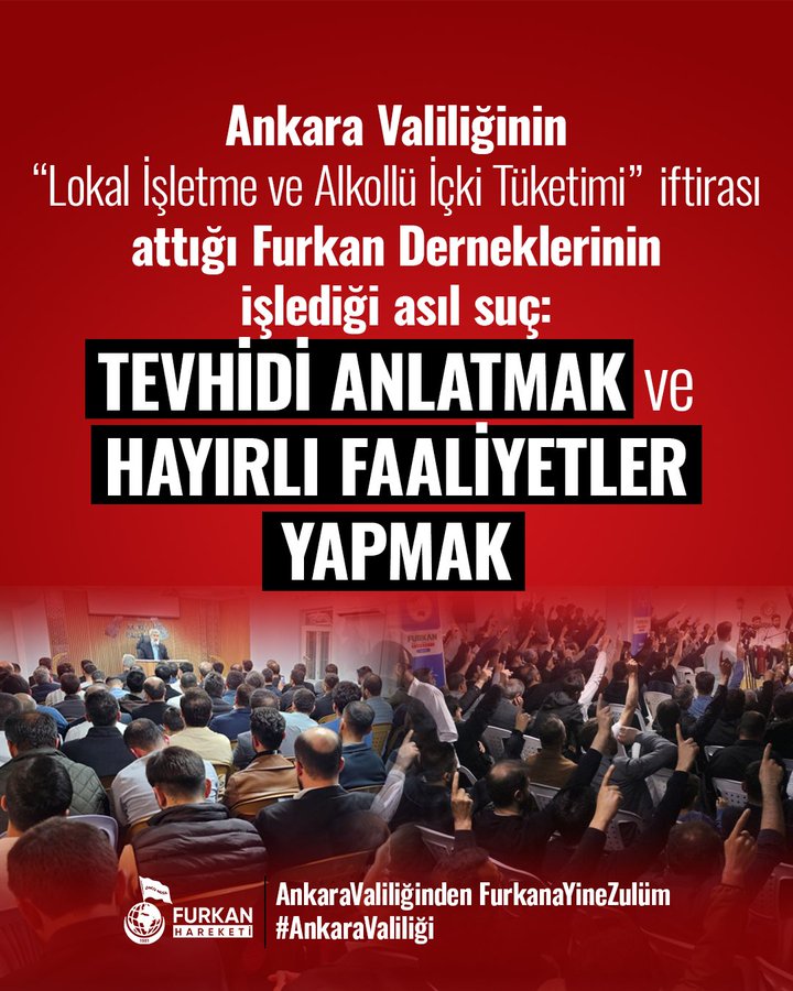 Bizim derneklerimizde:
📚 İlmi çalışmalar
🕌 Namaz ve sohbetler
🤝 Hayır faaliyetleri vardı.
Ama Ankara Valiliği "içki içiliyor" diyerek kapattı!
İftiradır, zulümdür, haksızlıktır!
Bu vicdansızlığa herkes dur demeli!

AnkaraValiliğinden FurkanaYineZulüm
#AnkaraValiliği