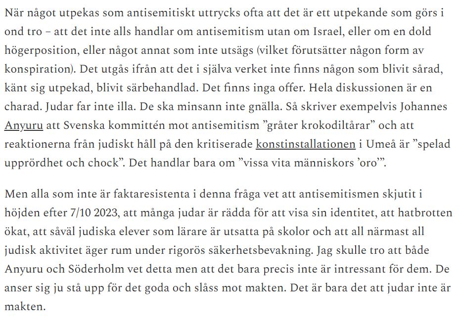 Charlotte Wiberg: ANTISEMITISM – ETT SUBSTANSLÖST SPÖKE INGEN LIDER AV?

charlottewiberg.substack.com/p/antisemitism…
