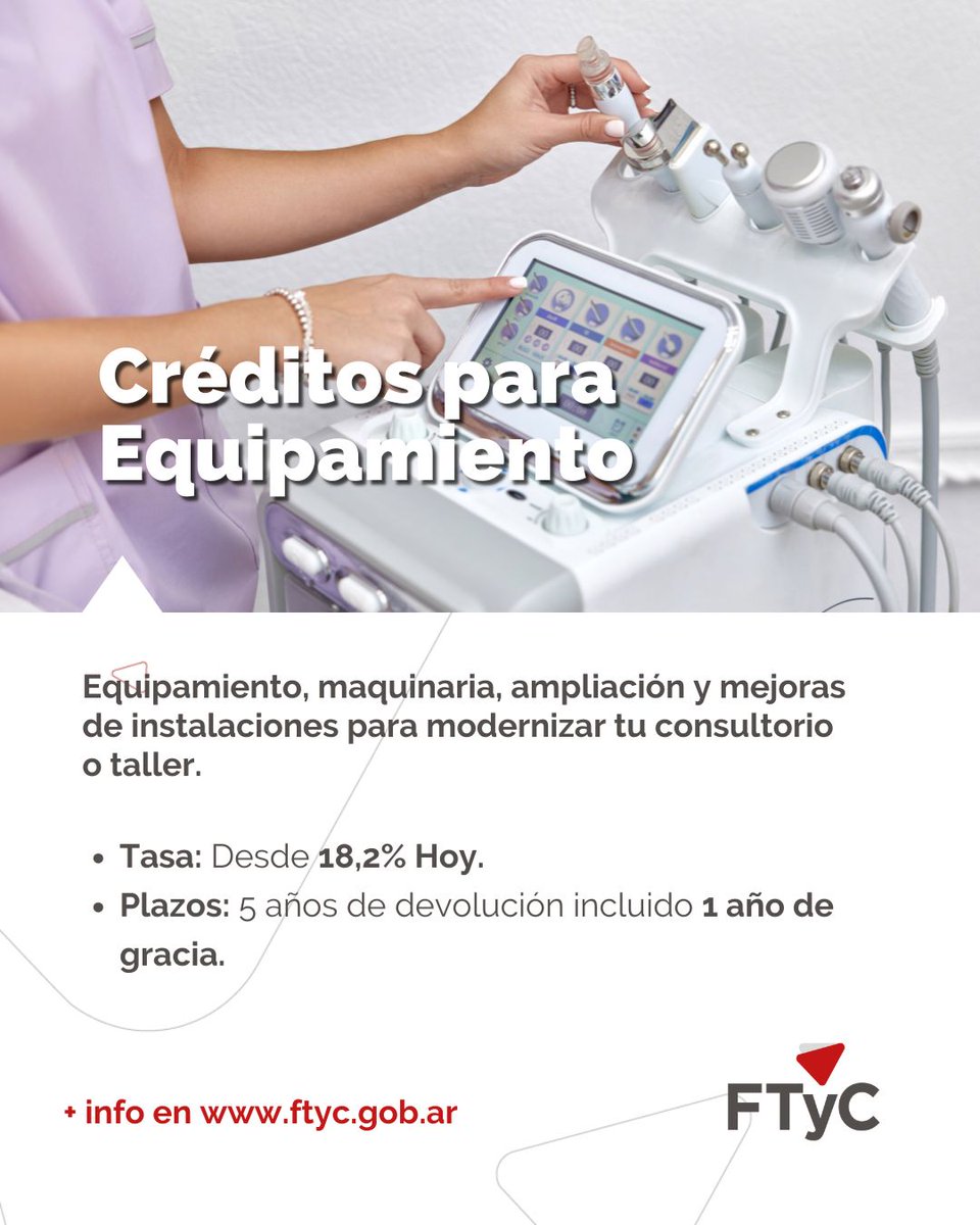 Tu emprendimiento merece herramientas que acompañen su crecimiento.

📍Consultorios, talleres, gimnasios o locales de servicios.
⚙️ Sumá equipos, tecnología, operatividad.
📉 Tasa desde el 18,2% y hasta 1 año de gracia.

👉 Más info en ftyc.gob.ar