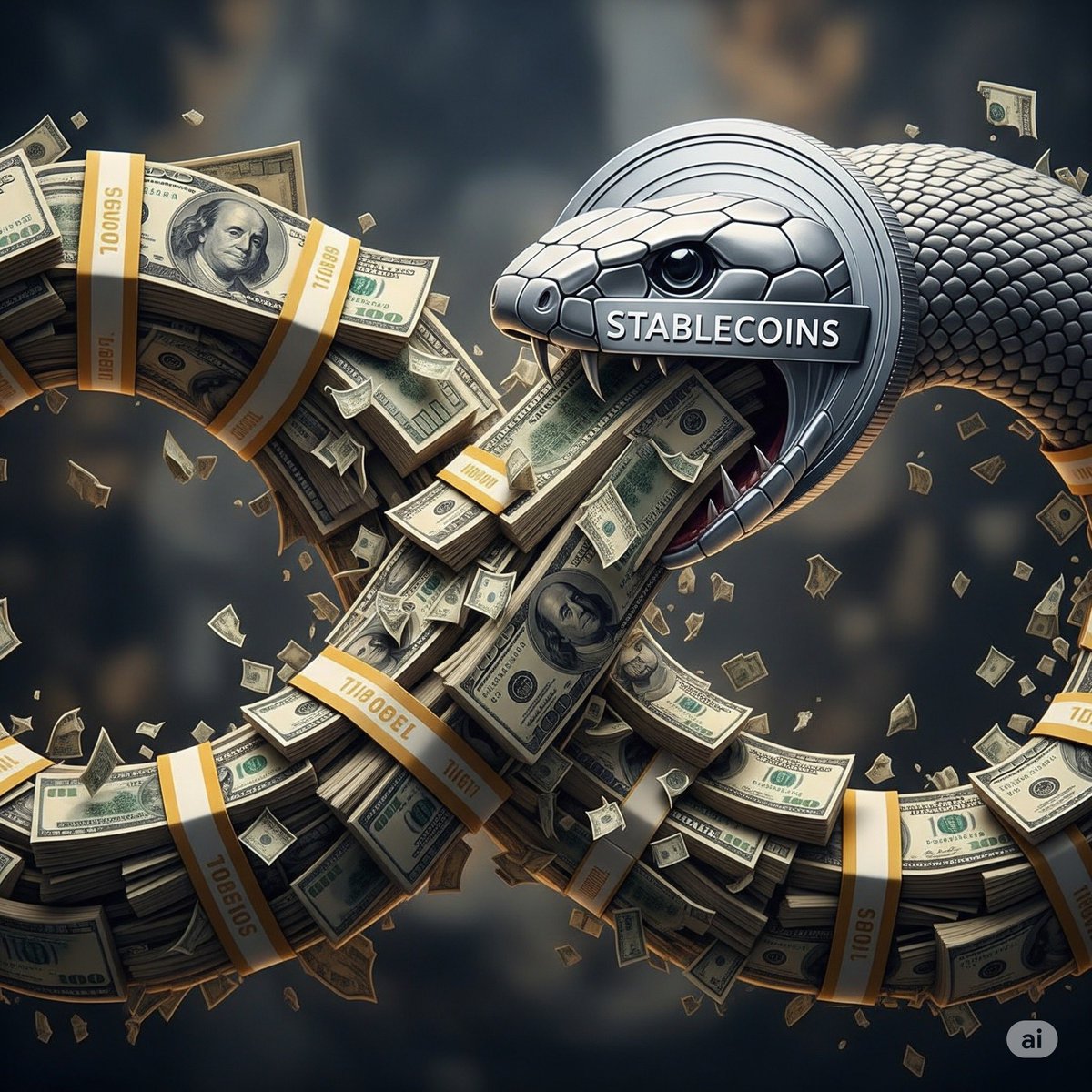 baoshaoshan's tweet image. When U.S. dollar stablecoins, issued with U.S. Treasury bonds as reserve, are used to buy more bonds, which are then sequestered to enable another round of stablecoin issuance, and so on and on, we begin to see the apotheosis of abstracted decadence …