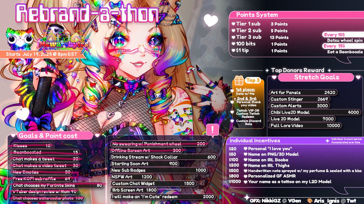 📅 Schedule week of July 20 - 26 📅
All times in EST/EDT

We continue on with my Rebrand-a-thon/1 year anniversary event through this week! We've already hit so many goals in just 2 days 🥺 Thank you so much!

I can't wait to see my precious Torabytes during stream🧡
💜🔗 in bio