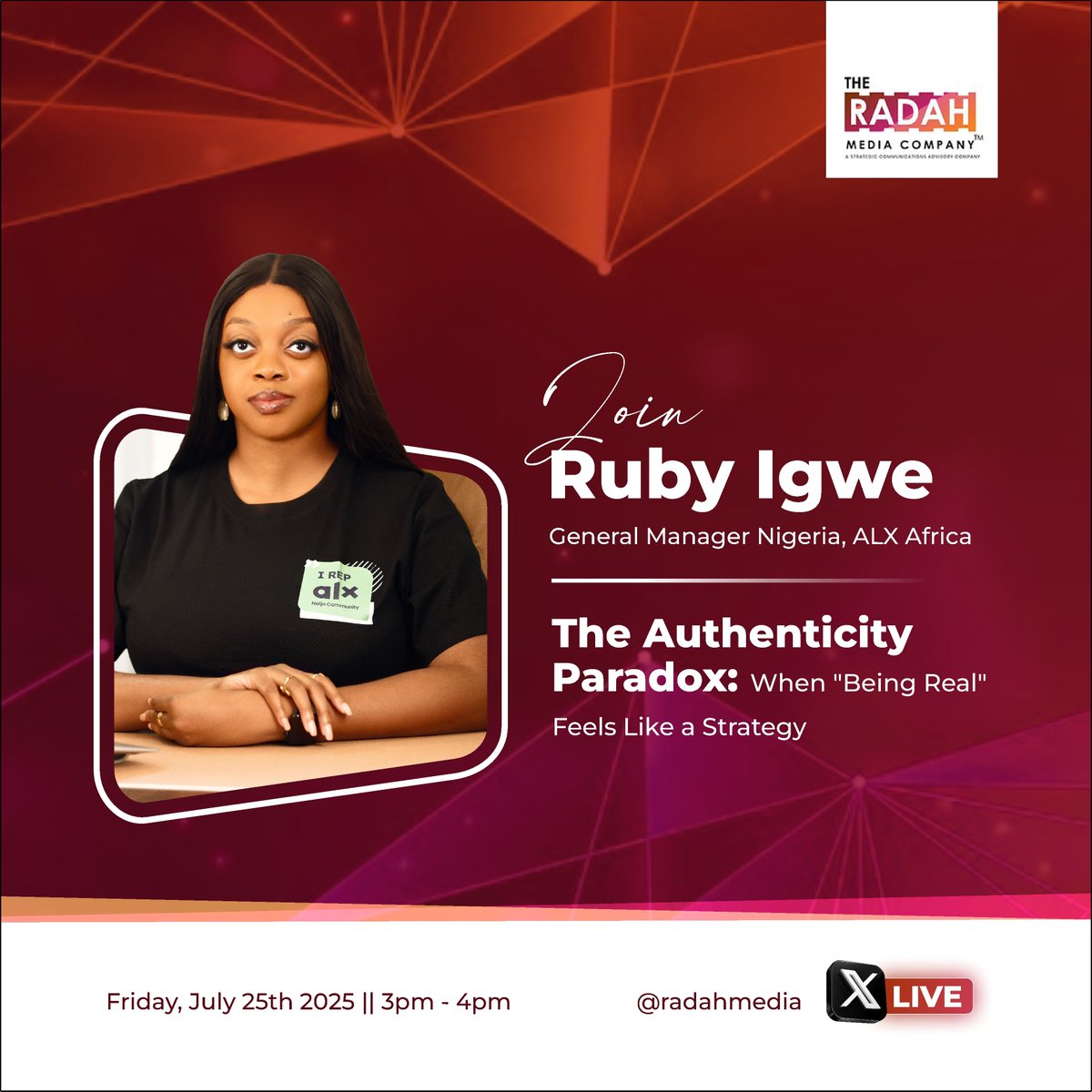 radahmedia's tweet photo. DECODED Live is Back!
Join us this Friday as we sit down with Ruby Igwe, for an essential conversation about "Being Real vs Being Strategic: How to be a better communicator"
⏰ 3 pm - 4 pm
#DecodedLive #Communication #RubyIgwe #ALXAfrica #RadahMedia #Leadership https://t.co/24E6qEYj79