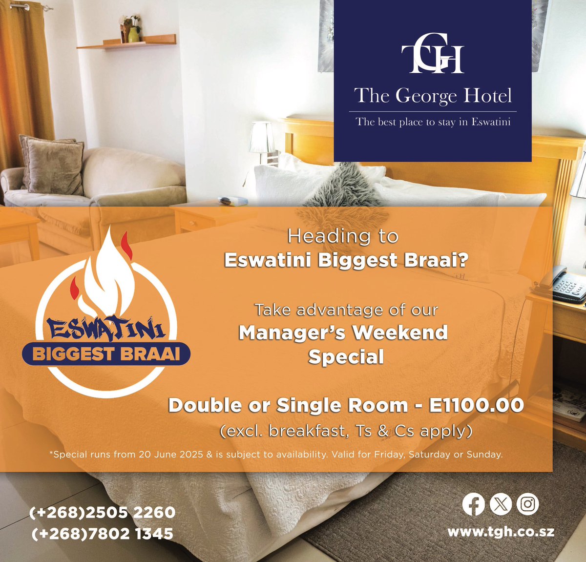 Heading to the hottest event in #manzinicity , @eswatinibiggestbraai ? 🍖 

Relax in style after vibing at the braai with our exclusive #managersweekendspecial - Book a Double or Single Room for just SZL 1100 (excl. breakfast, Ts &amp; Cs apply) on any weekend night.
