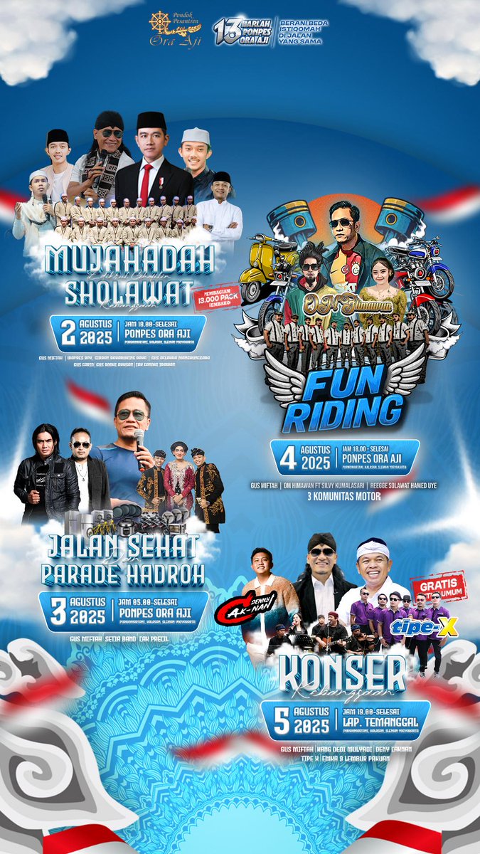 Mari Meriahkan Rangkaian Acara Milad 
<a href="/ponpesoraaji/">PONPES ORA AJI</a> yang ke-13
Bersama Wakil Presiden Republik Indonesia <a href="/gibran_tweet/">Gibran Rakabuming</a> &amp; Kang Dedy Mulyadi dan Konser Kebangsaan Bersama 
Denny Caknan, Cak Percilcs, TipeX, Charly Setia Band, Om Himawan.

GRATIS❗️

#gusmiftah #GusMiftahHormatiGuru