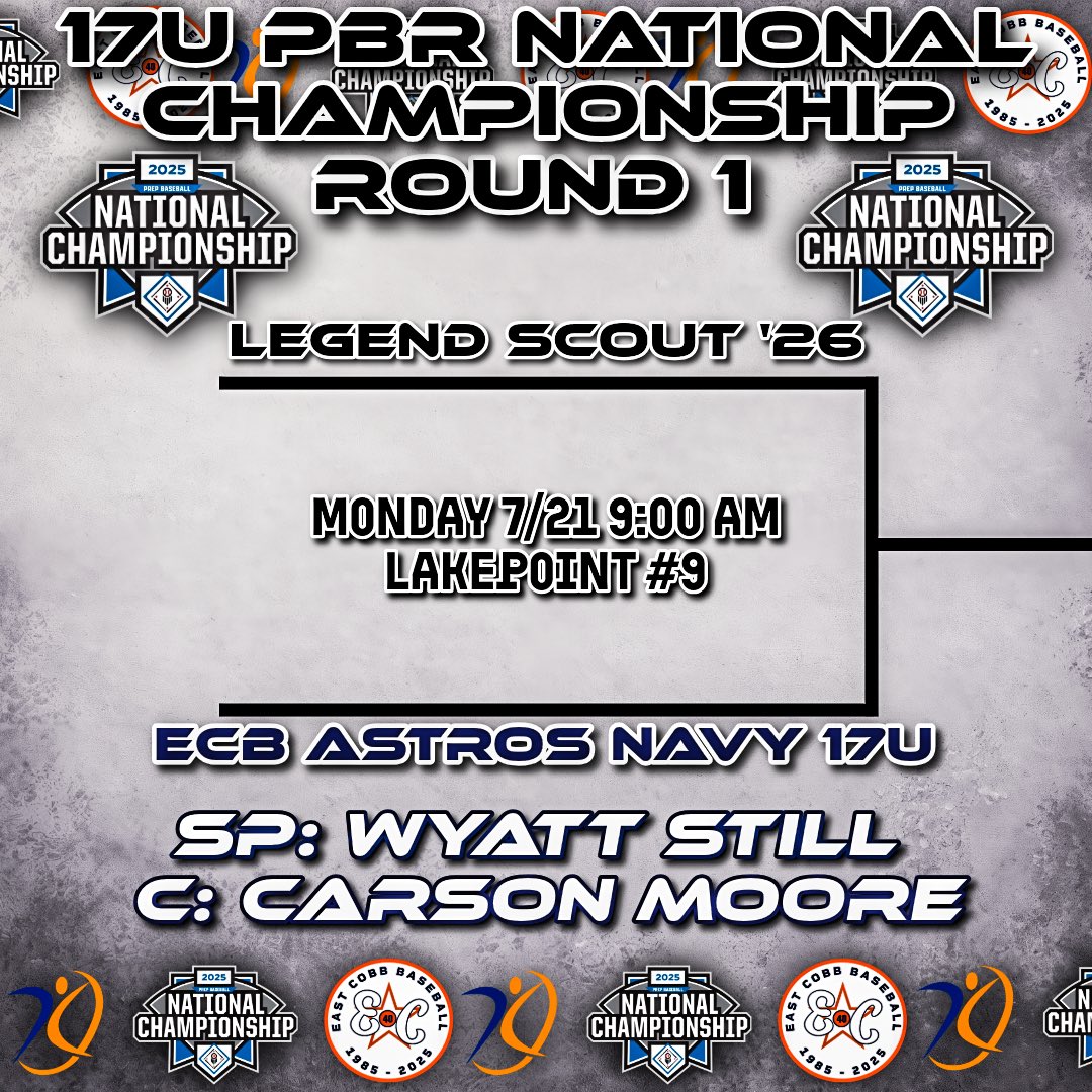 ECB Astros Navy/Frye ⚾️ (@ecbastrosnavy) on Twitter photo Our 17u Astros Navy kick off Round 1 of the PBR National Championship at 9:00 am on field 9 at Lakepoint. Its win or go home the rest of the way 👀
SP: <a href="/WyattStill2026/">Wyatt Still</a>
C: <a href="/carsonmoore_/">Carson Moore</a>
• Follow along with <a href="/AthletesGoLive/">AthletesGoLive</a>
• DM for more info on the roster or lineup
• Our 17u Astros Navy kick off Round 1 of the PBR National Championship at 9:00 am on field 9 at Lakepoint. Its win or go home the rest of the way 👀
SP: <a href="/WyattStill2026/">Wyatt Still</a>
C: <a href="/carsonmoore_/">Carson Moore</a>
• Follow along with <a href="/AthletesGoLive/">AthletesGoLive</a>
• DM for more info on the roster or lineup
•