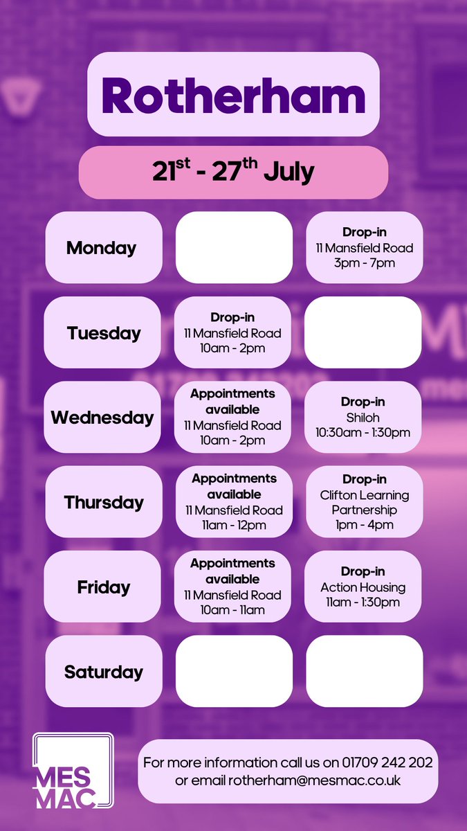 MesmacRotherham's tweet image. Find us across #Rotherham this week to get up to date with your sexual health
💜 STI, HIV & pregnancy testing
💜 FREE condoms, lube & period products
💜 1-to-1 support with sexual health, contraception & wellbeing