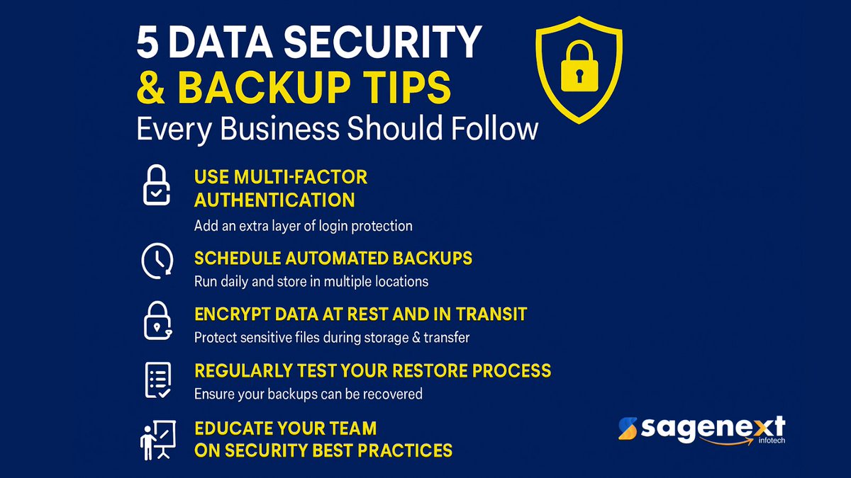 Sagenextinfo's tweet image. 🔐 Don&apos;t wait for a breach before you get serious about data protection. 

Here are 5 tips you need to follow for securing your business in 2025:
✅ MFA
✅ Automatic backups
✅ Data encryption
✅ Restores tested
✅ Training for your team
   shorturl.at/kgI4p

#Sagenext