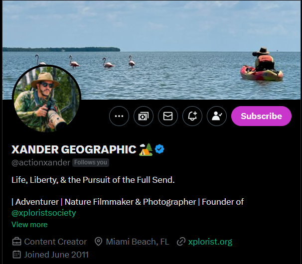 monetization_x's tweet image. As I continue shining a light on some of X's best creators, let's talk about XANDER GEOGRAPHIC (@actionxander).
Xander captivates his audience with dynamic nature photos and videos with an eye towards conservation.
His Croczilla documentary just might break the internet. And…