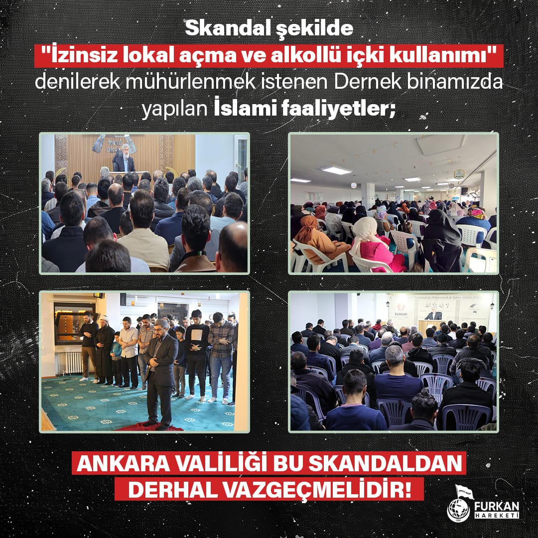 Skandal şekilde "İzinsiz lokal açma ve alkollü içki kullanımı" denilerek mühürlenmek istenen Dernek binamıza yapılan İslami faaliyetler;

AnkaraValiliğinden FurkanaYineZulüm
#AnkaraValiliği
