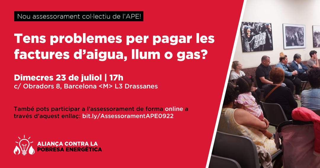 APE_Cat's tweet image. 🔴 Tens problemes per pagar les factures d’aigua, llum o gas?
🙋♀️ El pròxim dimecres organitzem un nou assessorament col·lectiu.
🗓️ 23 de juliol
⏰ 17h
📌 c/ Obradors 8, Barcelona &lt;M&gt; L3 Drassanes
📲 Opció online: bit.ly/AssessoramentA…
#AssessoramentAPE