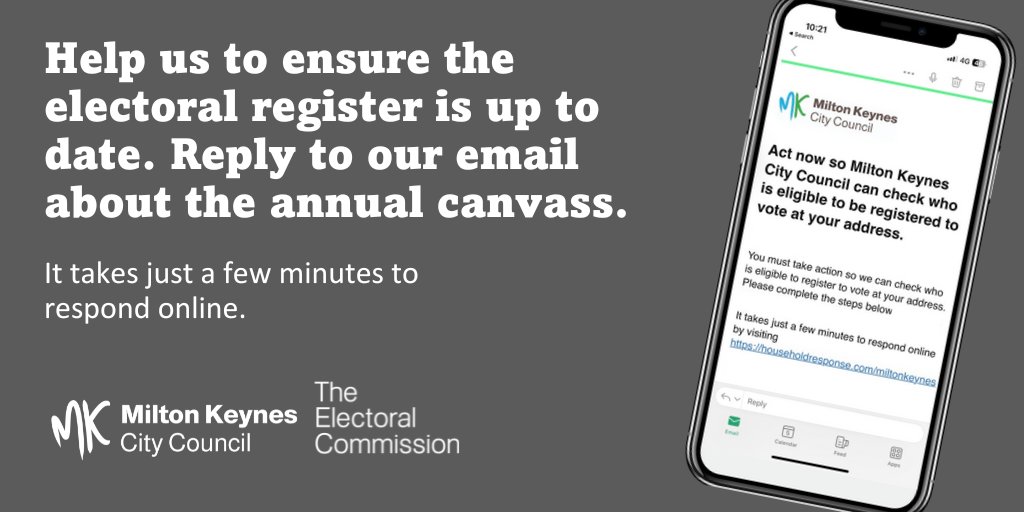 Milton Keynes City Council (@mkcouncil) on Twitter photo We're emailing residents in MK about the annual canvass which ensures the electoral register is up to date.
⚠️ The email comes from milton.keynes.electoral.services@notifications.service.gov.uk.
It takes just a few minutes to respond online. householdresponse.com/miltonkeynes We're emailing residents in MK about the annual canvass which ensures the electoral register is up to date.
⚠️ The email comes from milton.keynes.electoral.services@notifications.service.gov.uk.
It takes just a few minutes to respond online. householdresponse.com/miltonkeynes