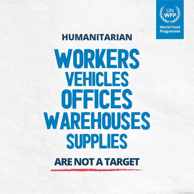 WFP_MENA's tweet image. Lifesaving humanitarian work depends on the safe, unhindered movement of humanitarian supplies and people.
🔴 Humanitarians are #NotATarget. Not today. Not tomorrow. Not ever.