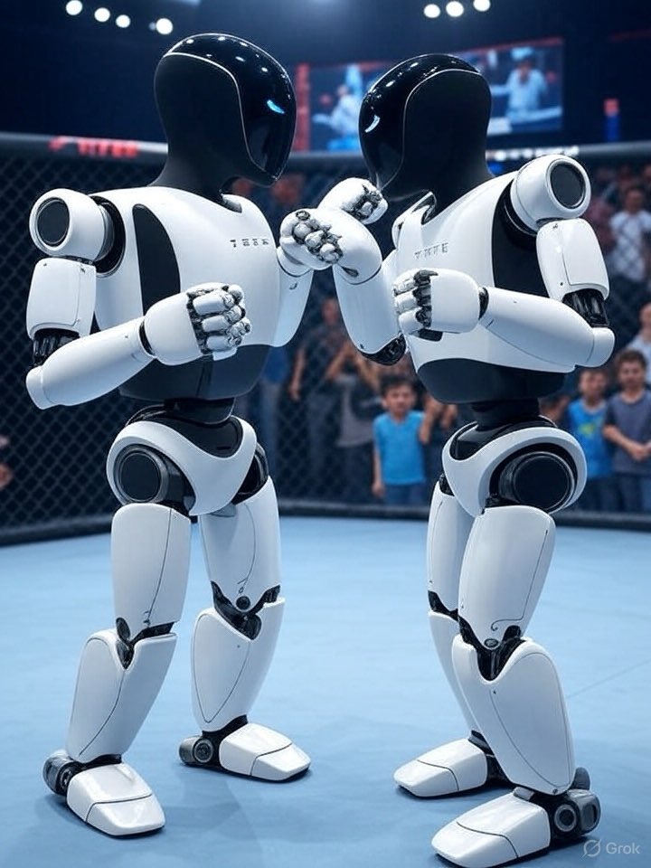 ScollonSteven's tweet image. Yo @joerogan @ufc @WWF! Two @Tesla Optimus bots in a kid-safe cage match—flips, slams, pure laughs! 🤖🥳 Who’s hyping this? #RobotRumble