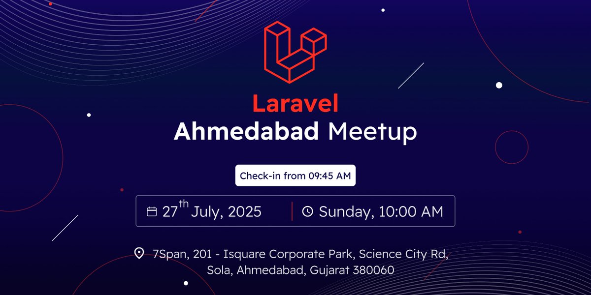 LaravelAhm's tweet image. Laravel Ahmedabad July Meetup is here! π₯
π
27th July 2025 at 10:00 AM
π7span, Isquare Corporate Park, Ahmedabad
A Sunday morning filled with learning sessions, insights, and meaningful connections.
ποΈ Grab your spot now: allevents.in/ahmedabad/laraβ¦
See you there! β¨