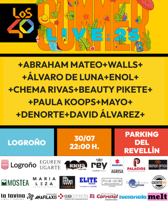 🎸🎶| #Los40SummerLive regresa a #Logroño con un gran concierto gratuito el miércoles 30 de julio en el parking del Revellín.

🧑‍🎤Abraham Mateo
👨‍🎤 Álvaro de Luna
👩‍🎤 Chema Rivas
🧑‍🎤 Walls
👨‍🎤 Enol
👩‍🎤 Beauty Pikete
🧑‍🎤 Paula Koops
👨‍🎤 Álvaro Mayo
👩‍🎤 Denorte

👉 Más info:
