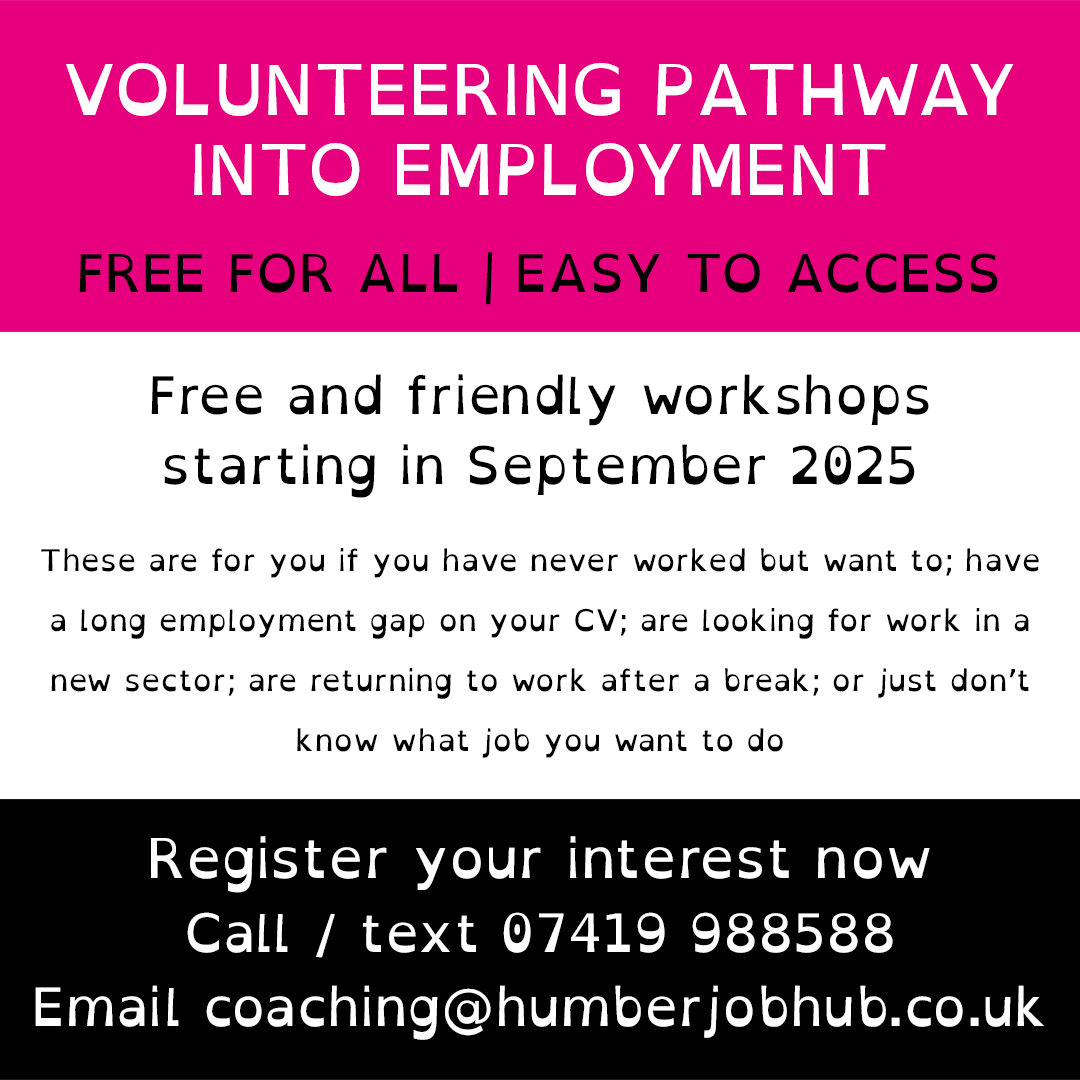 ***Four FREE workshops starting September 2025 at East Riding Leisure Haltemprice ***
No pressure, just a small friendly, relaxed group. 
Register now 
Email coaching@humberjobhub.co.uk or call/text 07419 988588
#volunteer #eastridingofyorkshire #hull #freesupport