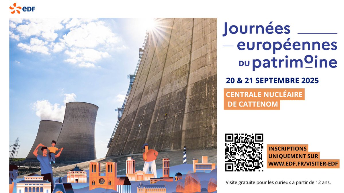 À l’occasion des <a href="/JEP/">Journéesdupatrimoine</a> , plongez au cœur de la centrale de Cattenom ! Au programme : visites guidées, échanges, découvertes.
 📅Dates : 20 et 21 septembre 2025
 📝Inscription obligatoire avant le 15 août 2025 via : bit.ly/3GAwoHN
#PatrimoineArchitectural #EDF #VisiterEDF