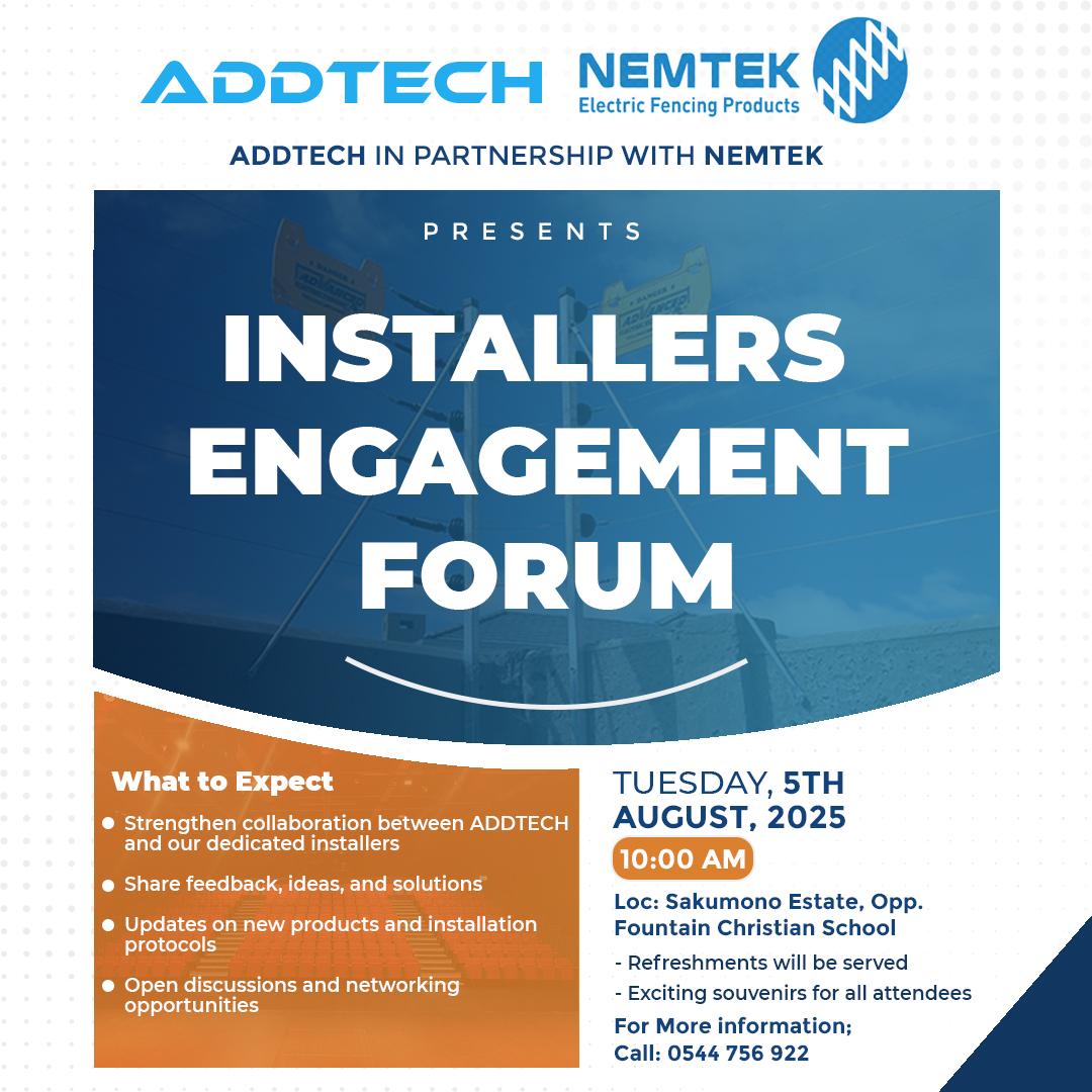 AddtechLimited's tweet image. 🔧 Installers, Let’s Connect!
Join us on August 5th for the ADDTECH x NEMTEK Installers Engagement Forum.
📍 Sakumono | 🕙 10:00 AM
Refreshments &amp;amp; souvenirs await!
#Addtech #Nemtek #SecuritySolutions #InstallerForum #ElectricFencing #Networking
