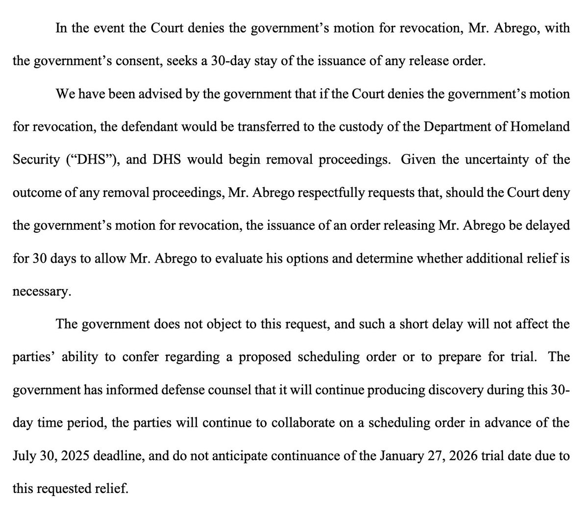 KlasfeldReports's tweet image. New
If his bail order is affirmed, Kilmar Abrego Garcia's lawyers want a federal judge to delay his release by 30 days to prevent his deportation before trial.
Prosecutors don't oppose the request.
Background allrisenews.com/p/abrego-garci…
Doc storage.courtlistener.com/recap/gov.usco…
