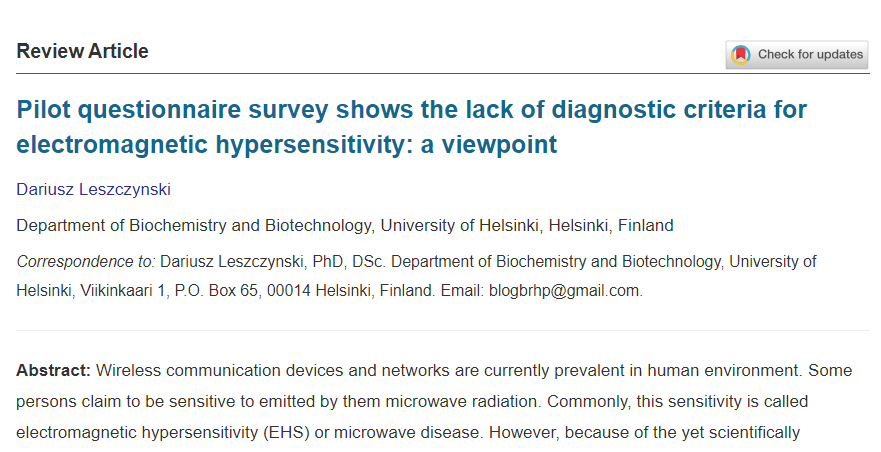 PAPER:  Pilot questionnaire survey shows the lack of diagnostic criteria for #electromagnetic hypersensitivity: a viewpoint (open access)

#EHS #Electrosensitivity

mhealth.amegroups.org/article/view/1…