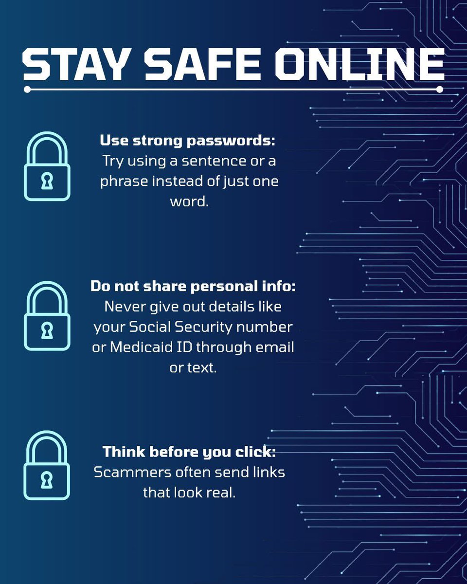 FloridaAPD's tweet image. At APD, we are reminding clients, providers, and partners to be mindful in protecting personal information in the digital world.
•Use strong passwords
•Take caution with unfamiliar links
•Avoid sharing of sensitive details.
A few simple habits can go a long way in…