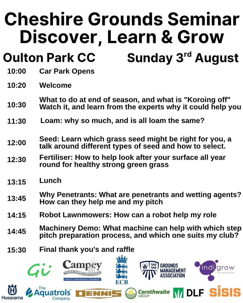 To all Cricket groundsmen and volunteers please come on down, see and listen to the “experts” , get involved and get fed. <a href="/SISISMachinery/">SISIS Machinery</a> <a href="/DennisMowers/">Dennis Mowers</a> <a href="/Aquatrols_Ag/">Aquatrols Ag</a> <a href="/DLF_Seeds/">DLF</a> <a href="/wearetheGMA/">Grounds Management Association</a> <a href="/ECB_cricket/">England and Wales Cricket Board</a> <a href="/CampeyTurfCare/">Campey™ Turf Care Systems</a>