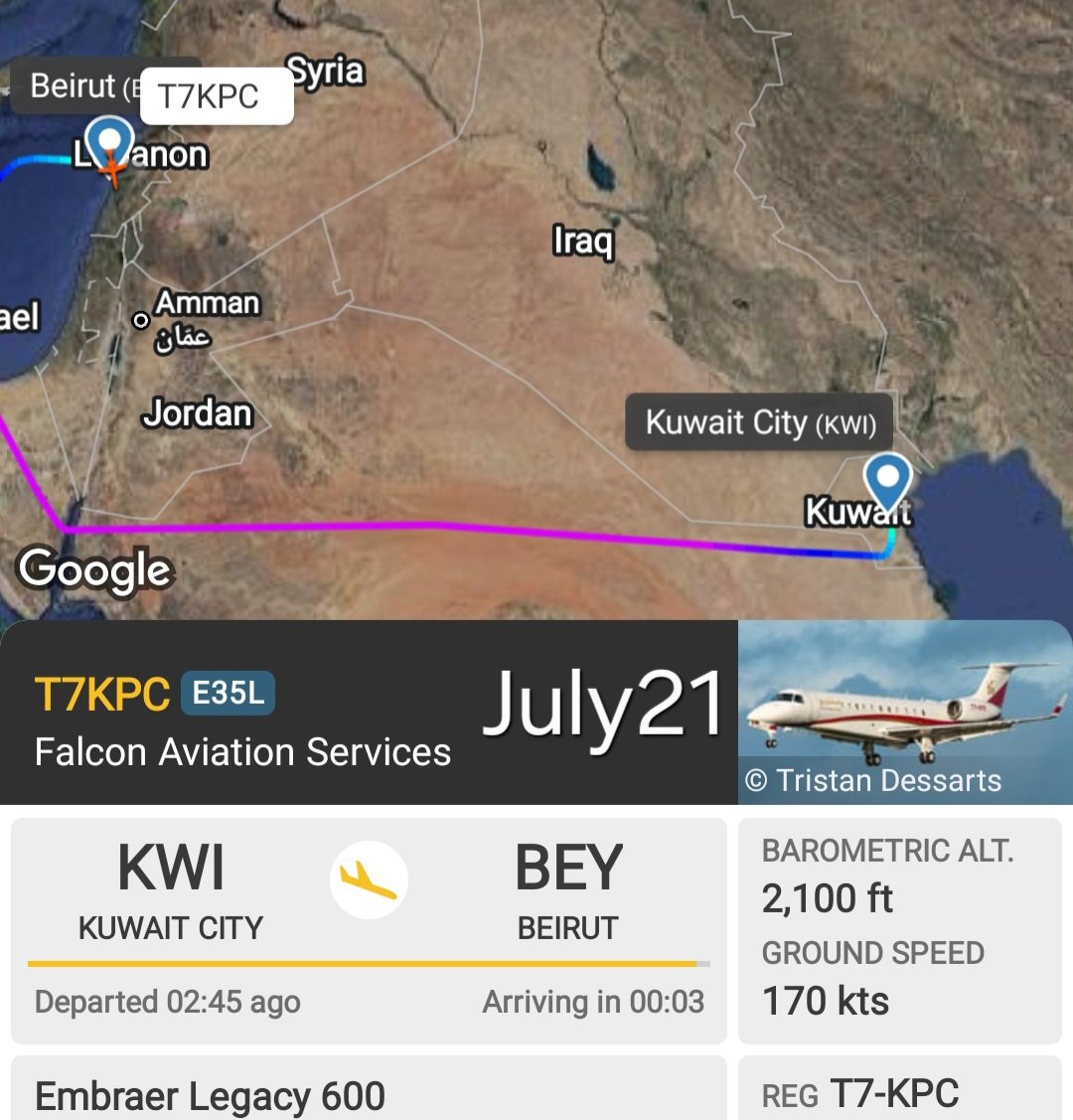 LebanonJets's tweet image. #T7KPC #Kuwait Projects Company #KIPCO now managed by FalconAviationServices into Beirut from Kuwait &amp;amp; headed back shortly- last visit by this jet was in May2023