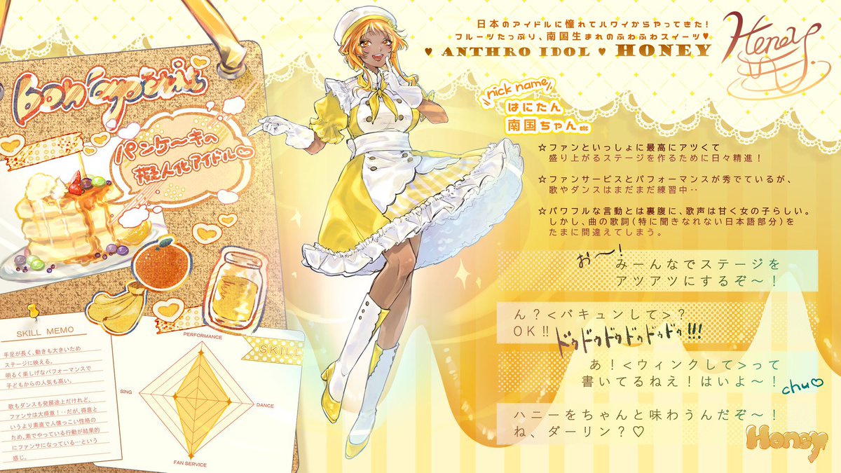 Anthro_idol's tweet photo. 🍴Bon Appétit🍴

Honey/ウル・チュチュイル・ココナル

「みーんなでステージをアツアツにするぞ〜！」

#ぎじドル_本CS https://t.co/B9OiIVEte6