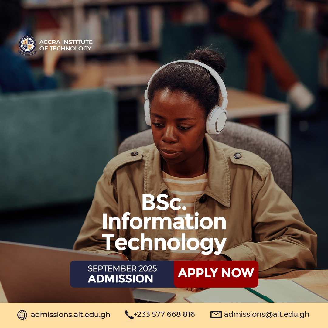 Accra Institute of Technology (@aituniversity) on Twitter photo BSc. IT Admissions OPEN!
Start your tech career at AIT this September.
✔️ Online + on-campus learning
✔️ Industry-relevant skills
✔️ Future-ready degree
🎯 Apply: admissions.ait.edu.gh
📞 +233 577 668 816 | ✉️ admissions@ait.edu.gh
#AITGhana #BScIT #Admissions2025 BSc. IT Admissions OPEN!
Start your tech career at AIT this September.
✔️ Online + on-campus learning
✔️ Industry-relevant skills
✔️ Future-ready degree
🎯 Apply: admissions.ait.edu.gh
📞 +233 577 668 816 | ✉️ admissions@ait.edu.gh
#AITGhana #BScIT #Admissions2025