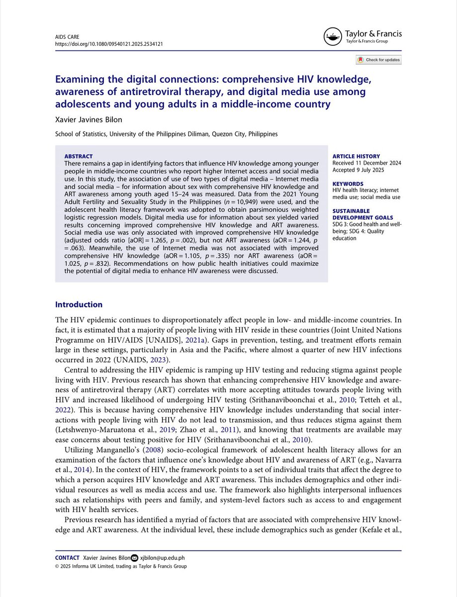 New article! DM for free copy. 

Bilon, X. J. (2025). Examining the digital connections: comprehensive HIV knowledge, awareness of antiretroviral therapy, and digital media use among adolescents and young adults in a middle-income country. AIDS Care, 1–11. doi.org/10.1080/095401…