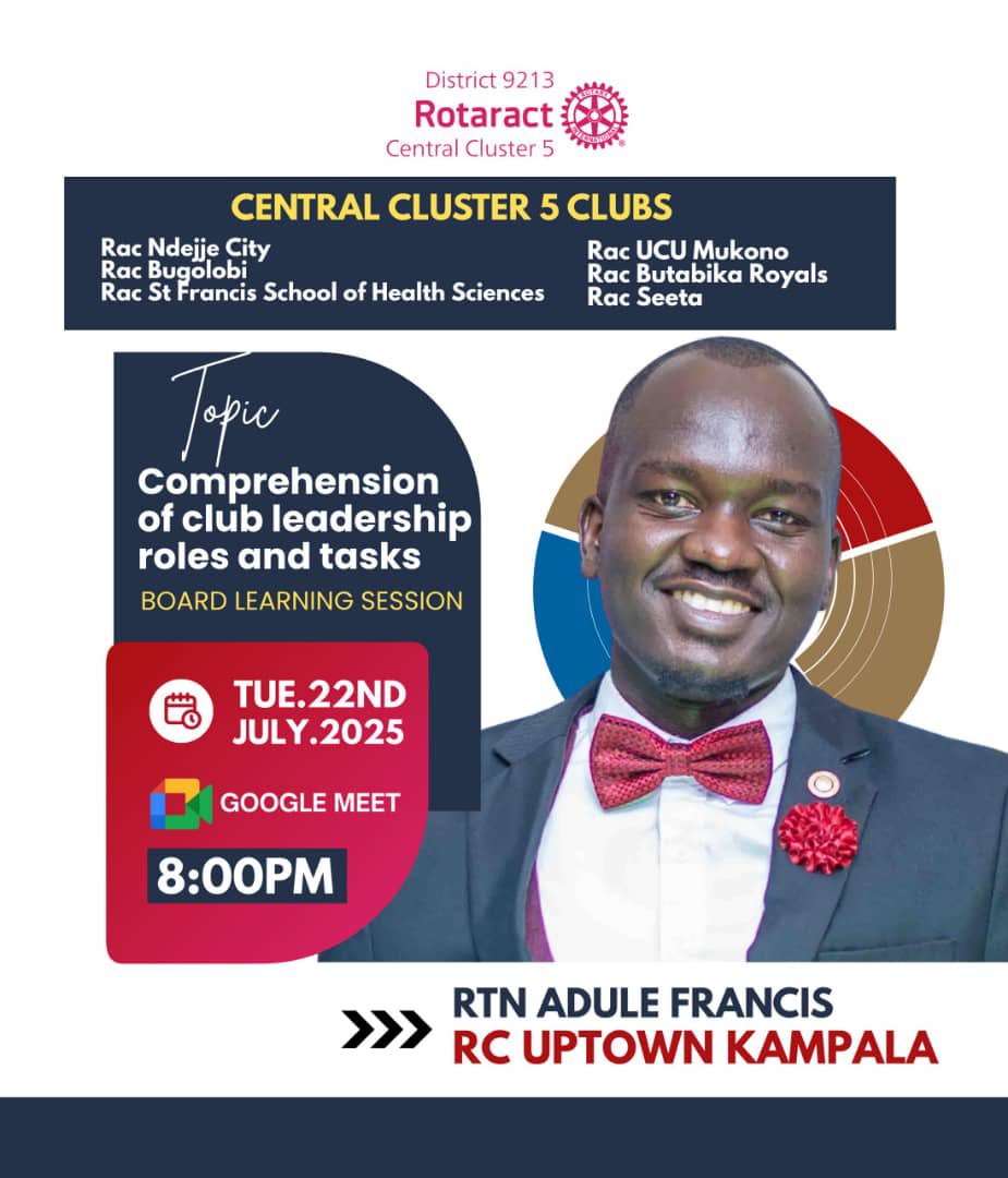 UCURotaract13's tweet image. Hey Fam! We will be joining our fellow Central Cluster 5 clubs for a board learning session as we comprehend the roles performed by Rotaract club officers and Directors.
📅 Date: Tuesday, 22nd July 2025
✨Join the meeting: meet.google.com/mvi-vwci-qqa
#Unite4Good9213
#ThisIsRotaract