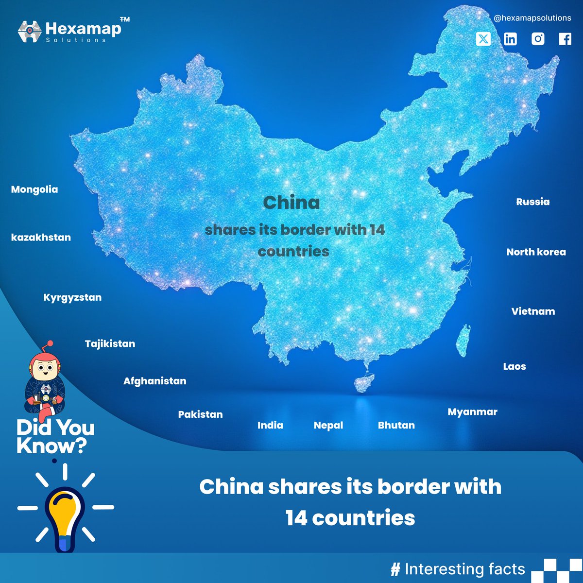 HexamapSolution's tweet photo. Did you know?
China shares its borders with 14 countries — the most neighbors for any country in Asia, showcasing its vast geopolitical reach.
.
#DidYouKnow #GeographyFacts #ChinaBorders #InterestingFacts #MapTrivia #Geopolitics #GeographyLovers #HexamapInsights #BorderCountries https://t.co/UJtce03XRu