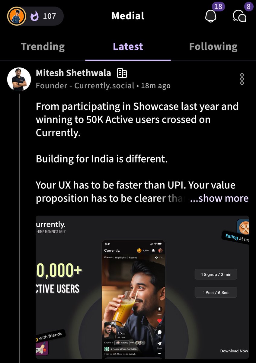 harsh_dwivedi7's tweet image. Love it when startups ideated on Medial do crazy stuff.
This one was 3rd in startup showcase in September last year. Won a grant from Medial.
Today, the app crossed 50k active users 🤯